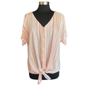 Como Vintage Linen Blend Button Down Tie Front Top Stripes XXL Casual Summer